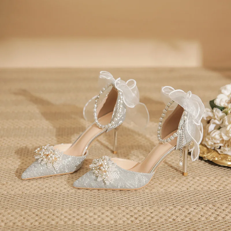 Size 31-43 Silver High Heels Women's Stiletto Pearls Bow Rhinestone Bridal Wedding Shoes Gold Heels