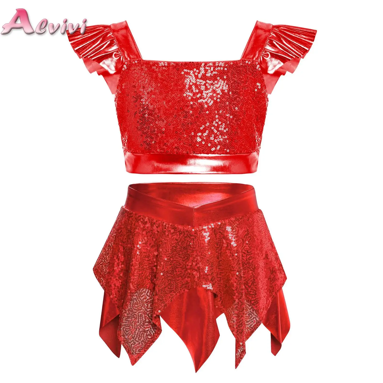 

Kids Girls Jazz Dance Performance Outfit Hip Hop Street Latin Dancewear Set Sequins Crop Top+Skirt Suit for Training Competition