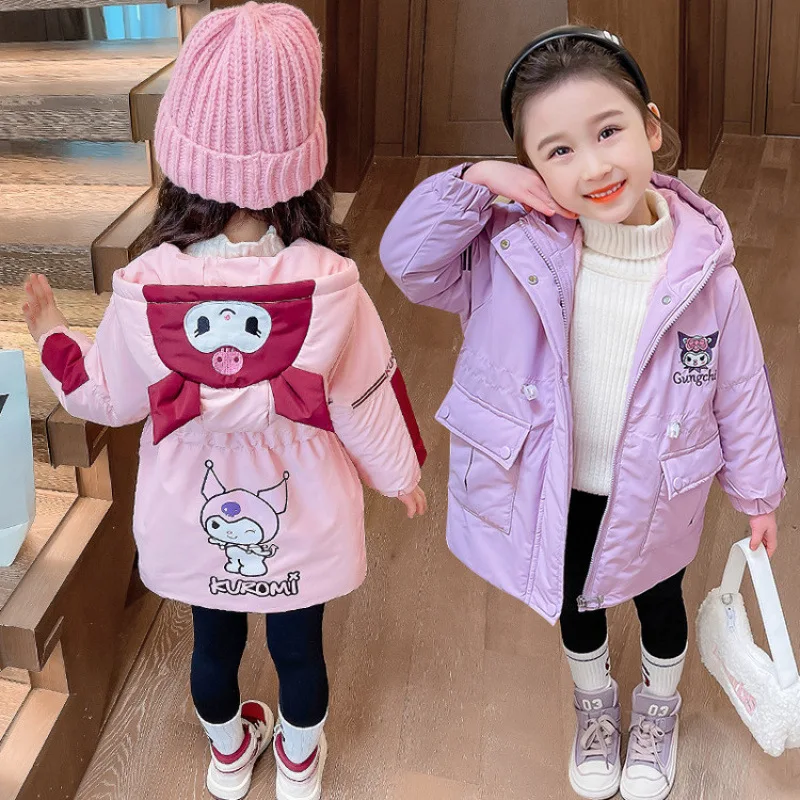 

Hot Sanrio Girl Coat Kuromi Kawaii Fashion Winter Student Casual Zipper Warm Thicken Tops Children's Clothing Medium Length