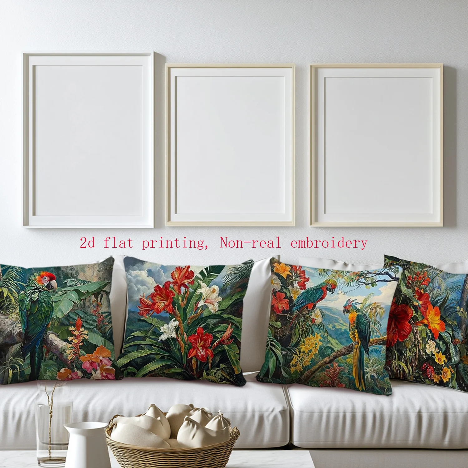 Juego  4 fundas  almohada estilo tropical para primavera, impresión plana 2D con flores vibrantes y aves tropicales, llenas