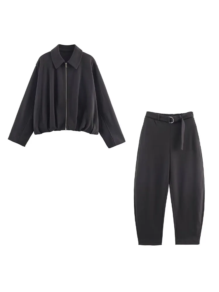 Hh feminino outono moda ternos sólido turn-down colarinho mangas compridas casaco com zíper superior + cinto de cintura alta decoração calças conjuntos femininos