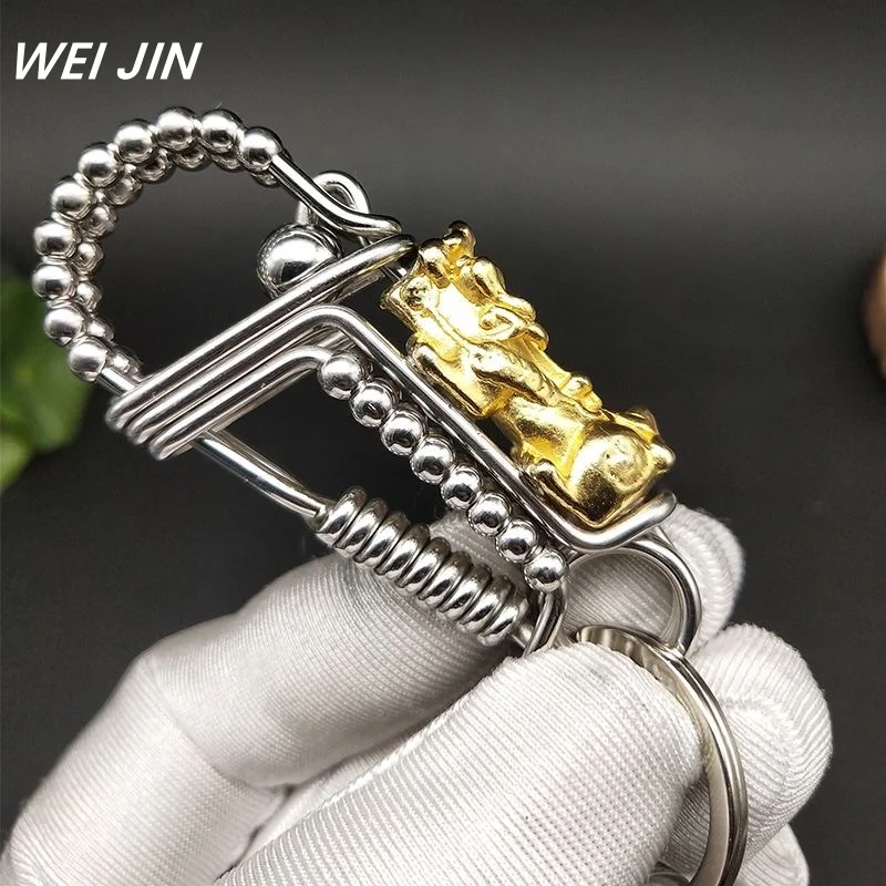 

Stainless Steel Wire Handicraft Keychains ,Waist Matte Bead Car Keyring, Engraved Divine Beast Mechanical Style Men Gift Trinket