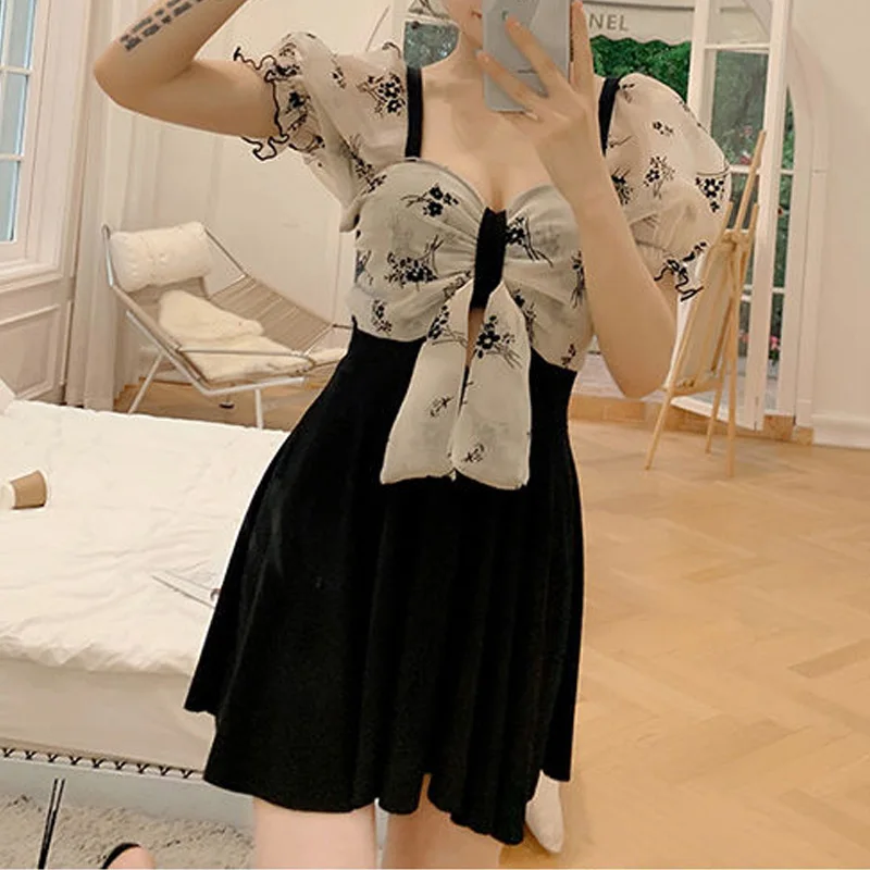 2023 New Summer Bohemian Sweet Bow Hollow Out Pure Desire Age Reducing Bubble Sleeves Casual Vacation Flat Corner Skirt Swimwear