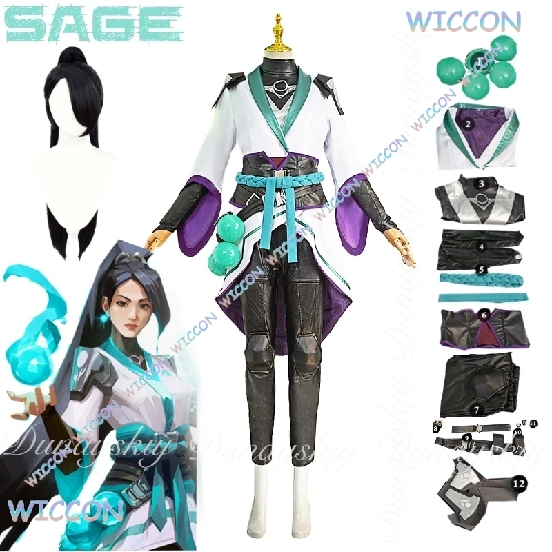 حكيم تأثيري آخر ممرضة مبللة كوس C VALORANT لعبة مع شعر مستعار أسود طويل ذيل الحصان مع زي قتال أبيض تأثيري حلي