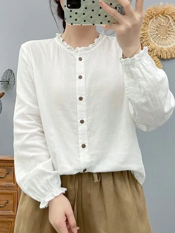 

Женская хлопковая блузка в стиле ретро, двухслойная, из мягкой хлопковой марли, с воротником-стойкой, базовая модель, весенняя модная женская одежда