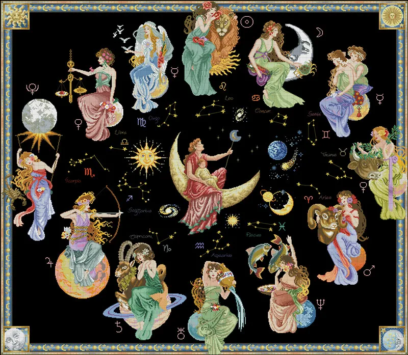 Zodiac signs Canvas Cross Stitch Embroidery Set Hobby Magic Room Decor Design