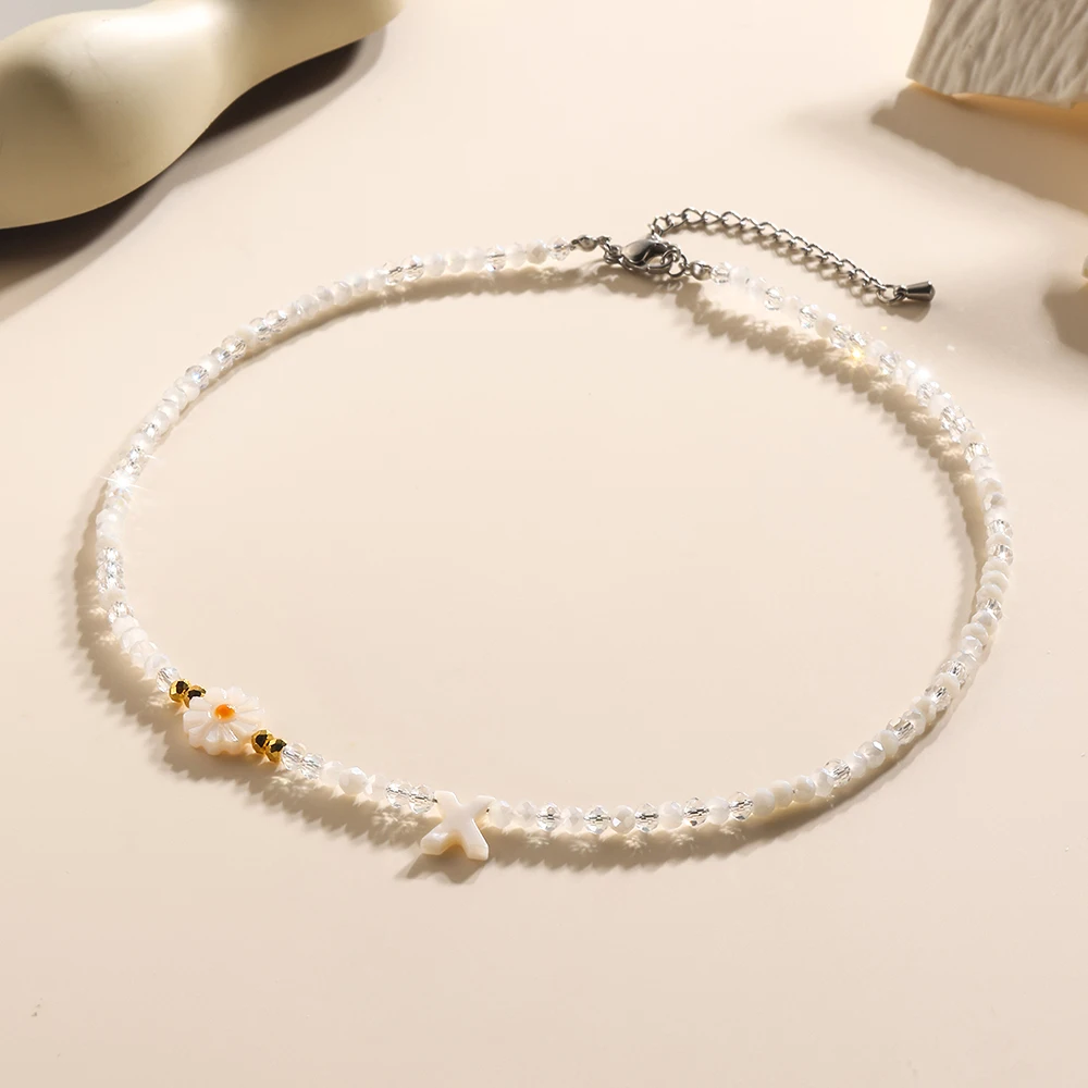 Bohemian Necklace Women's White Crystal Beads Initial Stainless Steel Pendant Luxury Designer Jewelry Girlfriend Gifts Wholesale image 4