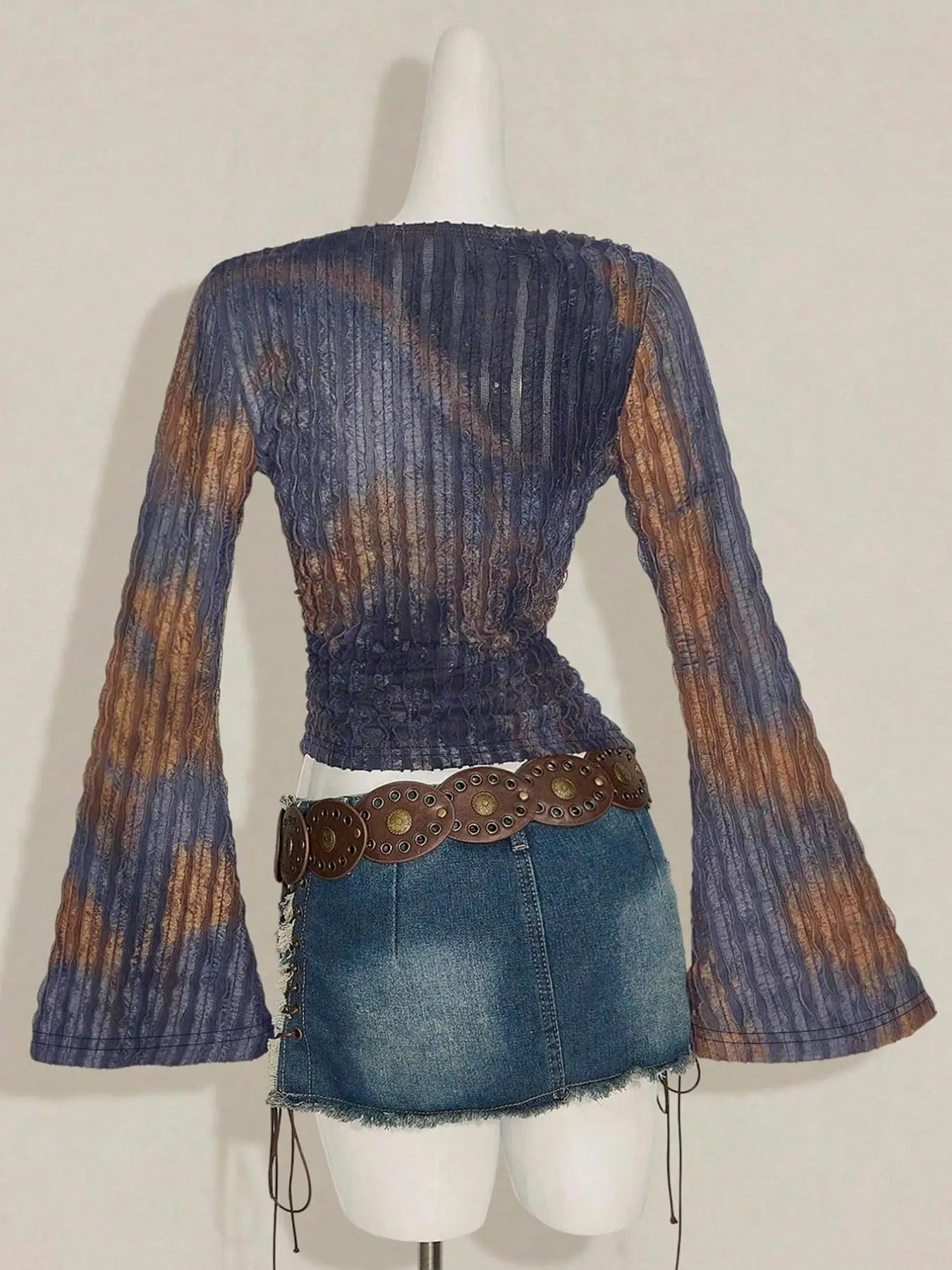 Women's Dyed round Neck Shoulder Bared Long Sleeve Top 1 Piece Tie Dye round Neckline Exposed Shoulder Long Sleeve Shirt
