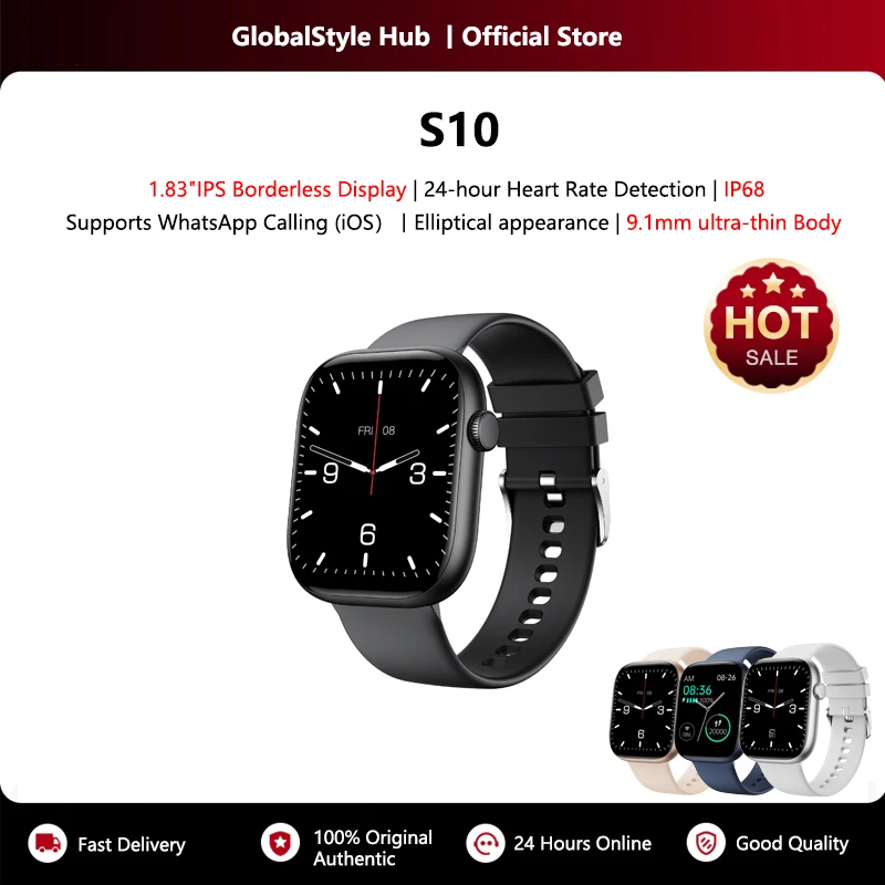 

Смарт-часы с IPS-экраном 1,83 дюйма, ультратонкий корпус 9,1 мм, 23+ спортивных режима, мониторинг сердечного ритма и сна, настраиваемые обои, IP68, Bluetooth-звонки, S10