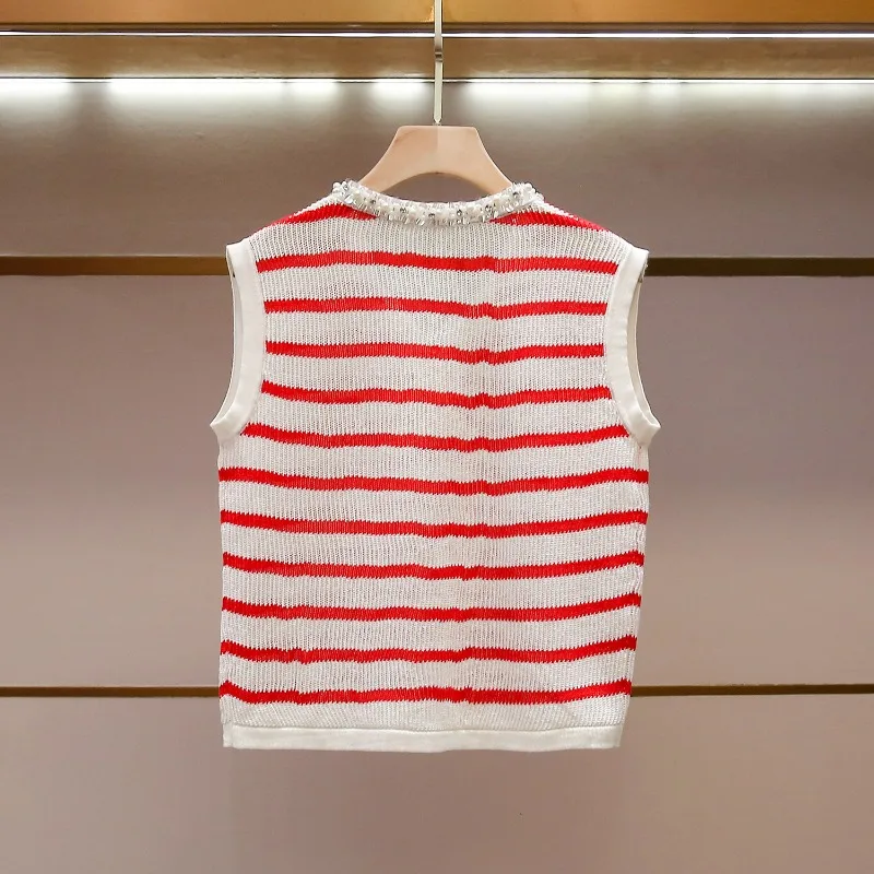 Shenzhen High-end Women's Clothing Summer New Style Stylish Trendy Color-blocking Striped Beaded V-neck Sleeveless Knitted Vest