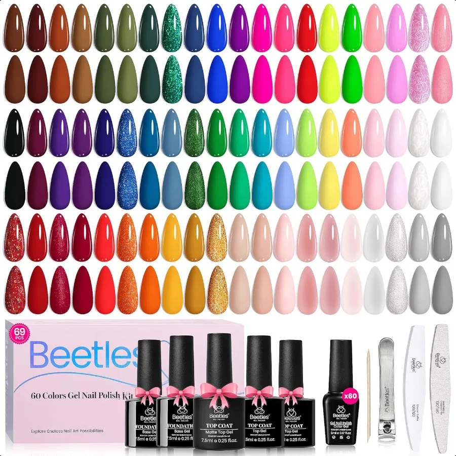 Juego de esmalte de uñas de Gel Beetles, 60 colores, Kit de esmalte de Gel Uv de otoño, brillo marrón gelatina, desnudo, rosa, blanco, rojo, azul, verde, Poli de uñas