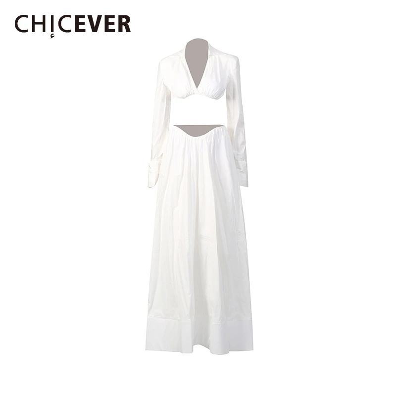 CHICEVER-Conjunto de dos piezas con pliegues empalmados para mujer, camisa de manga larga con cuello de pico, falda minimalista para vacaciones, moda nueva