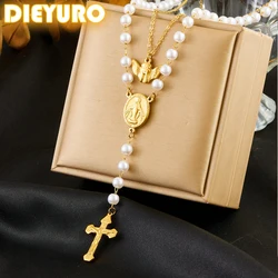 DIEYURO 316L Stainless Steel Retro Angel Cross Pearl Double Layer Necklace For Women New Trend Clavicle Chain Jewelry Gift Party