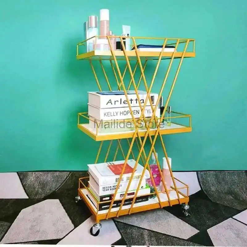 

Trolleys Luxury Salon Golden Iron Light Art Rack Modern Salon Furniture Beauty Salon Trolley with Wheels Home Multi-layer Rack