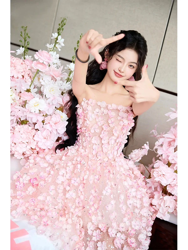 

Sweet Flower Fairy Prom Evening Dresses Women Summer Backless Corset 3D Flower Pink Short Party Luxury Formal Dress