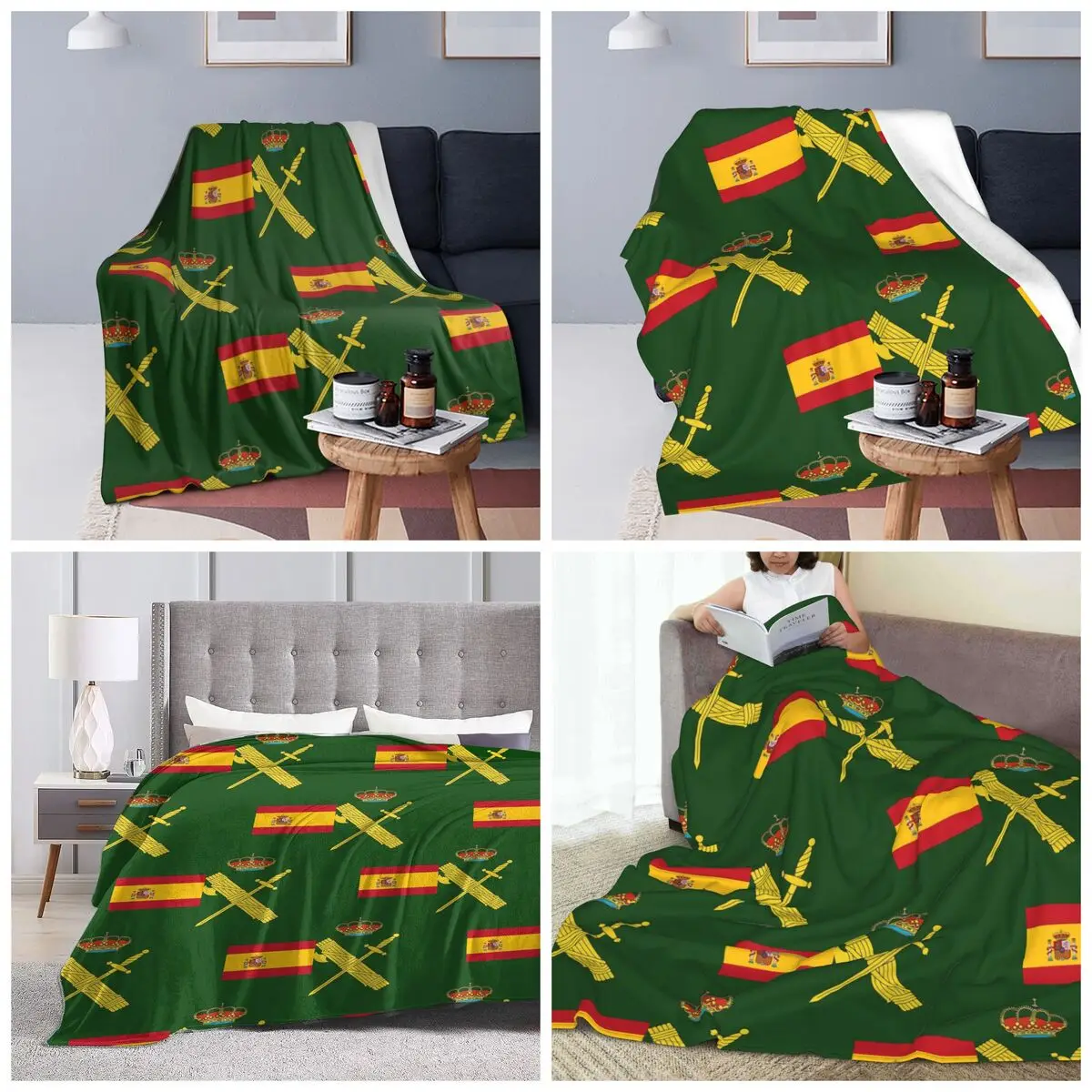 Spain Flag Plus Emblem Civil Guard Blanket Soft Warm Flannel Throw Blanket Cover for Bed Travel Home Sofa