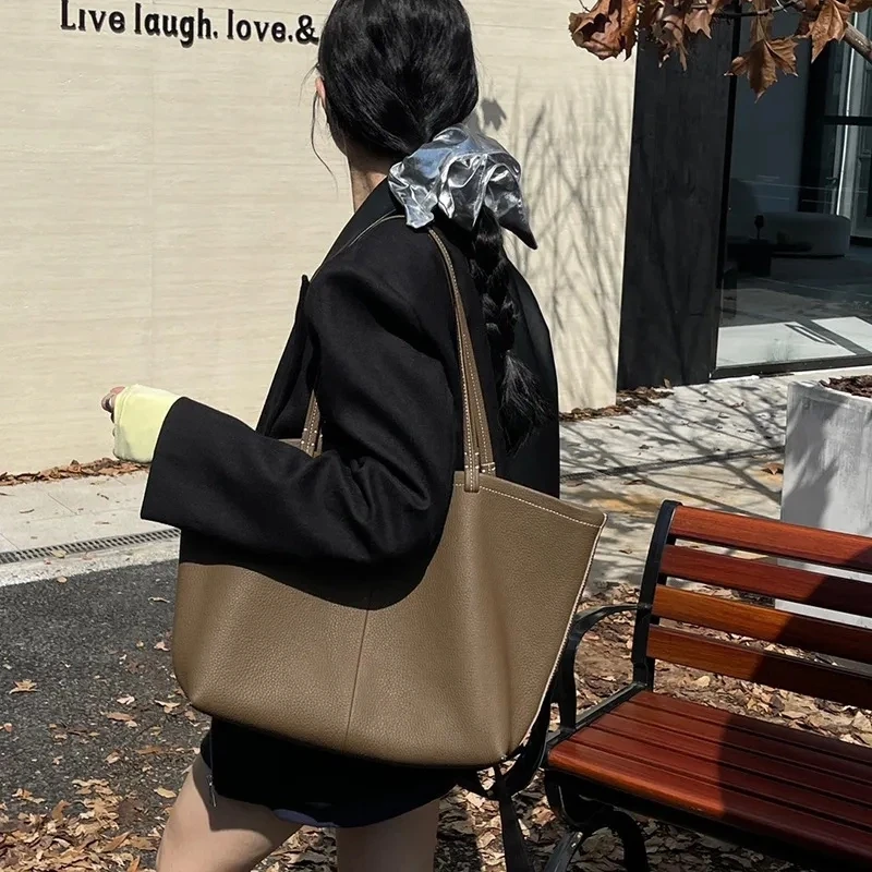 Big Simple Designed Shopping Bag Female Genuine Soft Cow Skin Factory Product Fashion Korea Style Travelling Handbag