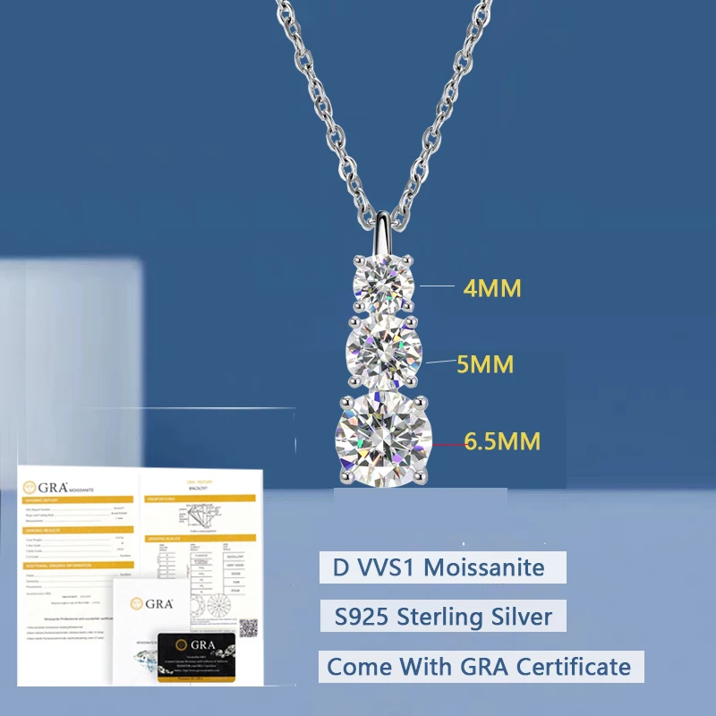 High-quality S925 Sterling Silver Chain D VVS1 Moissanite Stone 3 Stone Necklace Fine Jewellry