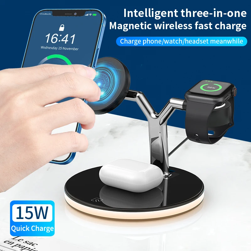 3 in 1 Wireless Charging Station for Apple Mag-safe Magnetic Fast Charger Stand for iPhone 15/14 Series Watch Airpods with LED