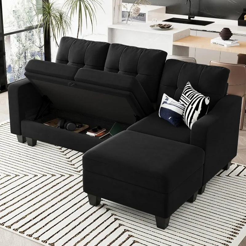 Velvet Combination Sofa with Storage, L-shaped Sofa with Recliner for Small Space