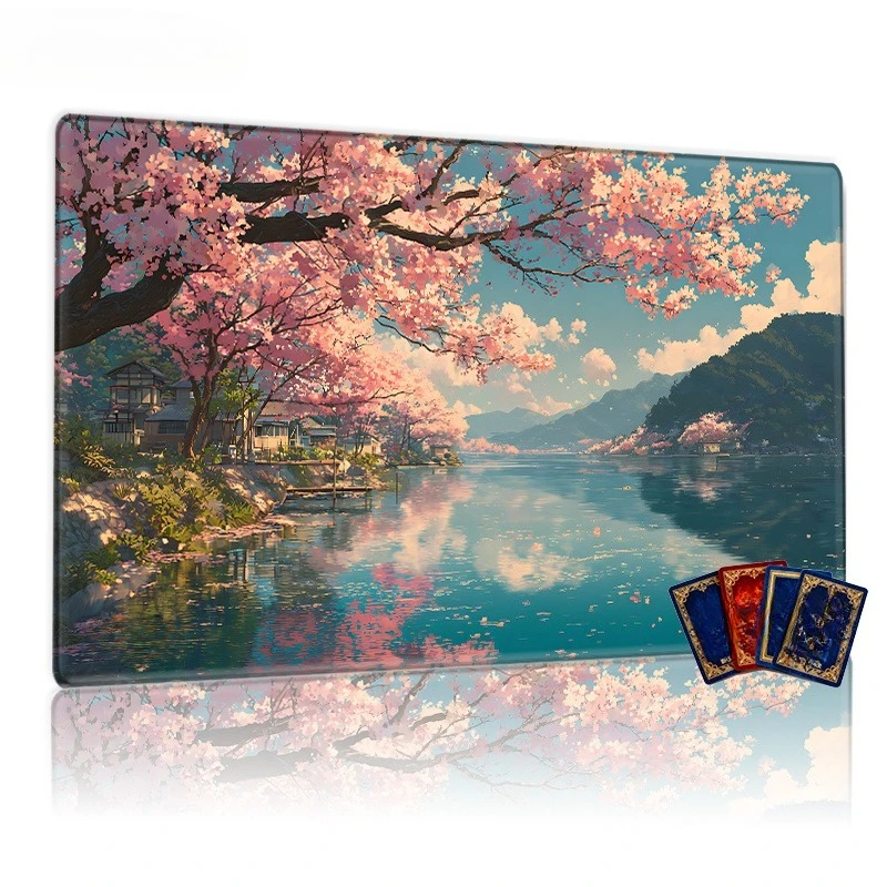 Scenic Cherry Blossom Lake Game Pad, with a non-slip and durable surface, is perfect for CCG, TCG, RPG games and as a decorative