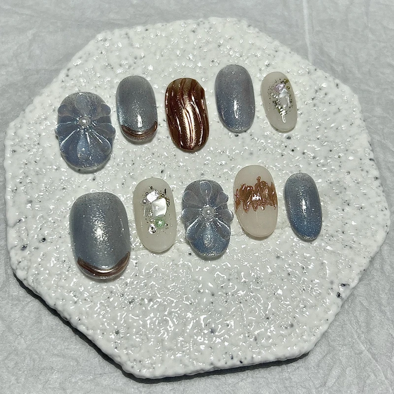 10 قطع أنيقة ورومانسية مصنوعة يدويًا اضغط على الأظافر عين القط بريق ناعم زهور ثلاثية الأبعاد أظافر وهمية قابلة للإزالة وقابلة لإعادة الاستخدام