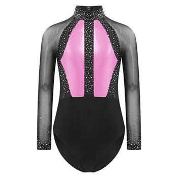 Niños Niñas brillantes diamantes de imitación Ballet Unitards traje de baile malla Patchwork Biketards mono gimnasia patinaje artístico ropa
