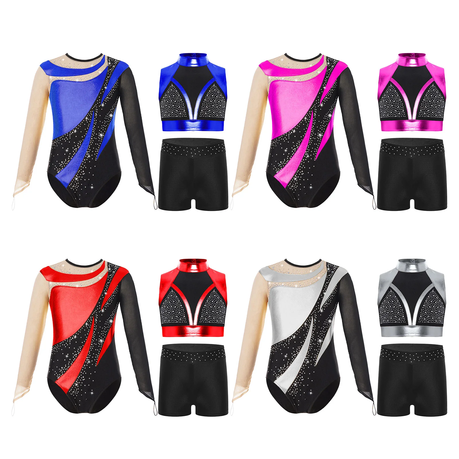 طفل الجمباز الباليه الرقص الزي الفتيات التزلج ملابس الرقص أكمام الراين لامع المحاصيل الأعلى + السراويل + يوتار دعوى #5
