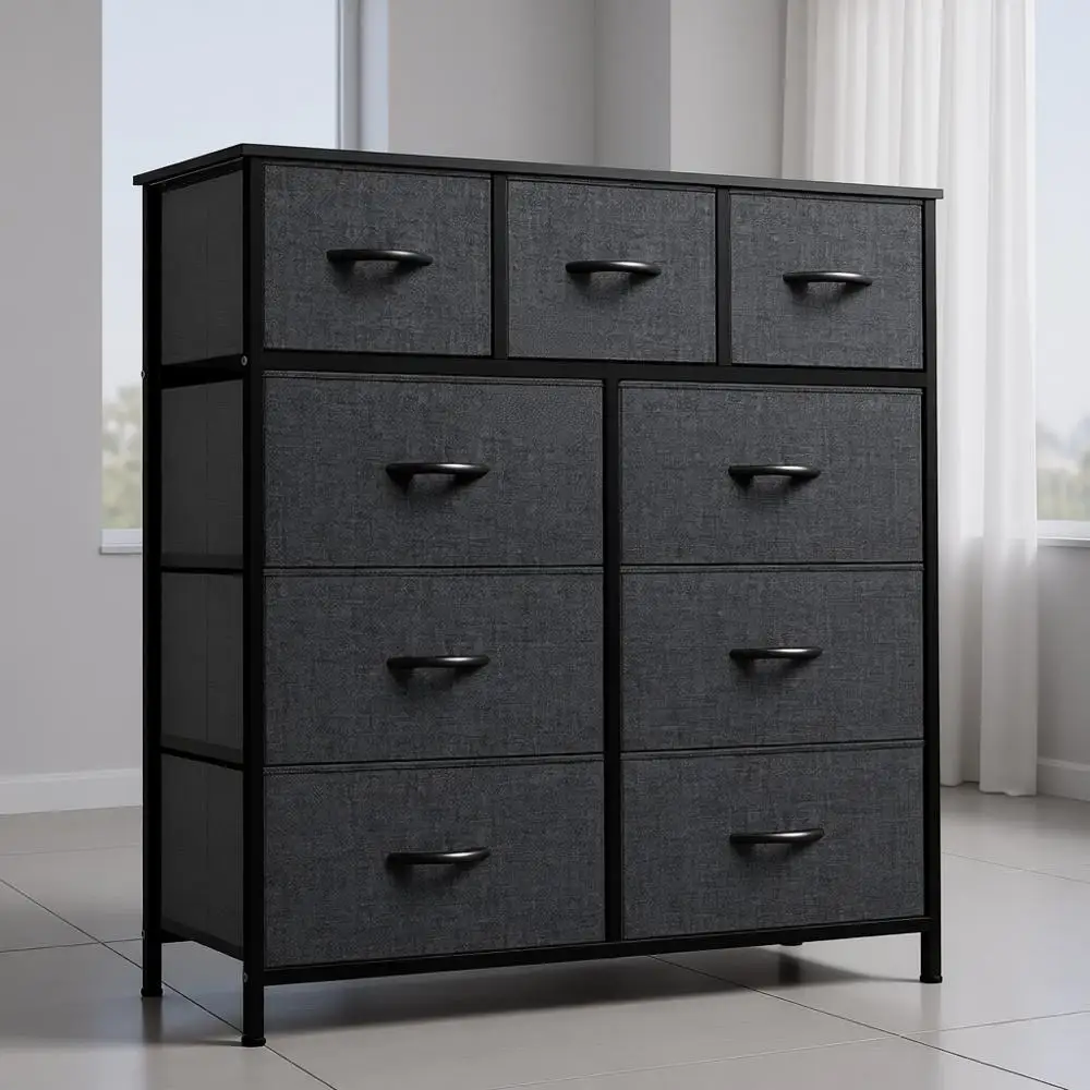

Durable Steel Bedroom Storage Tower with Wooden Top and Easy Pull Fabric Bins for Living Room and Entryway