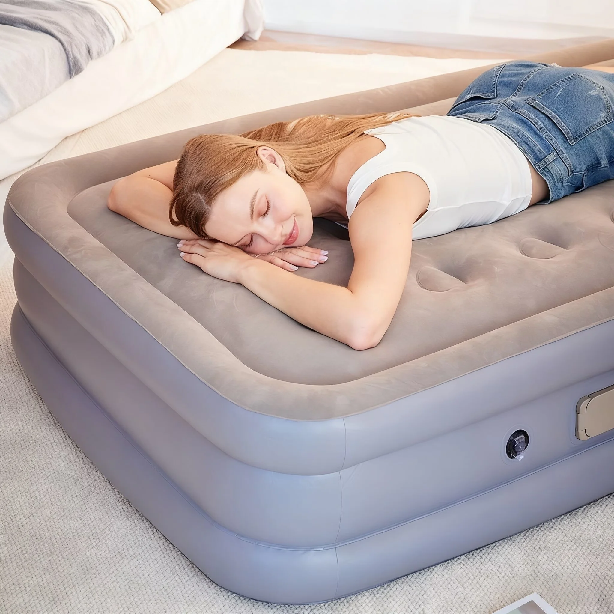 Double /Single Foldable Portable Foam Air Bed Mattress Convertible Inflatable Bed with Built-in Pump for Outdoor Camping Home