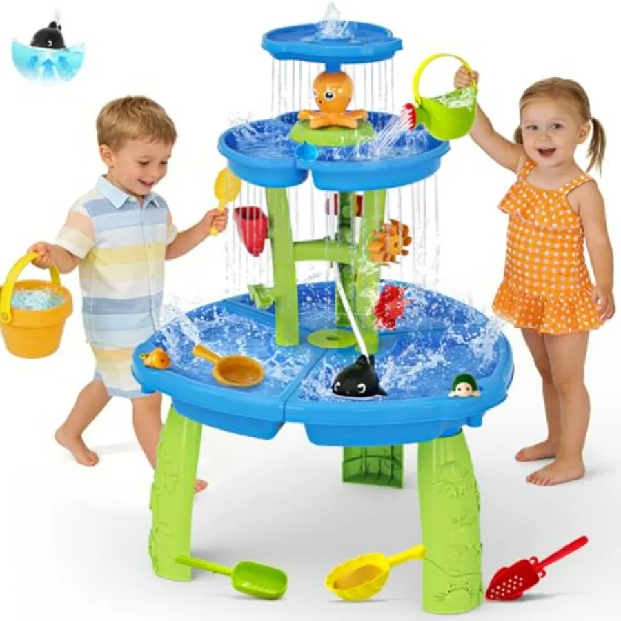 

2026 Toddlers Water Table for outdoor summer play, BPA-free plastic, blue and yellow, 3-tier rain showers, splash pond, built-i