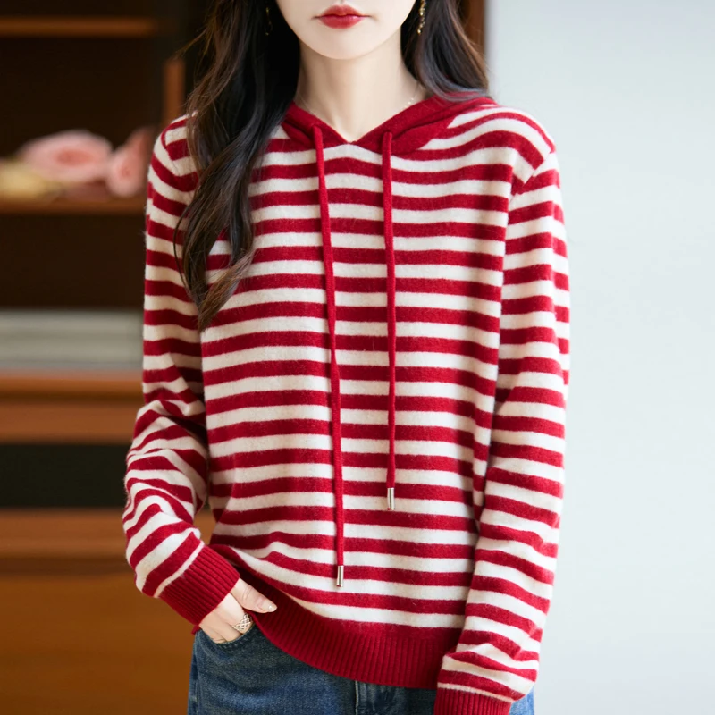 

100% Wool Winter Pure Fashion Soft Sweater Autumn Female New Women Hooded Collar Strip Pullover Cashmere Loose Casual Knit Base