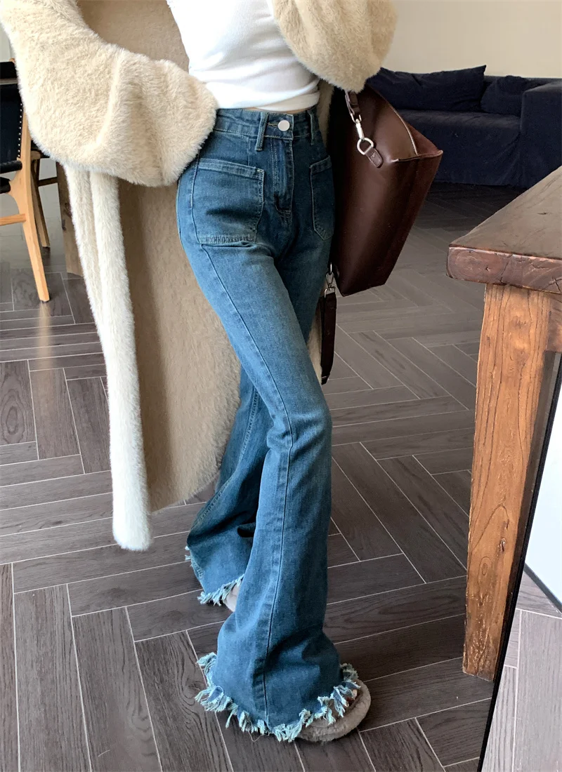 Blue Tassel Jeans Women's Autumn High Waist Denim Pants Straight Barrel Micro Flare Wide Leg Pants Slim Floor Dragging Pants