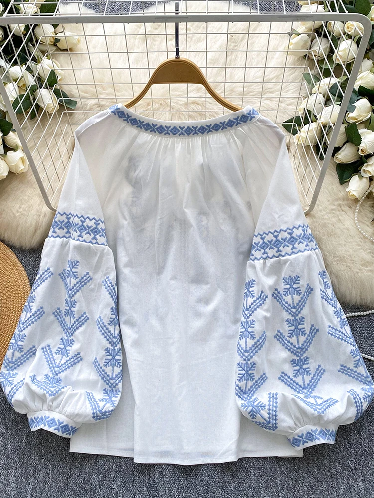 Women Blouse Embroidery Autumn Long Sleeve Shirt Retro Bohemian Style Tie-Dye Lantern Sleeve Loose Young Female Blusa Top BL244