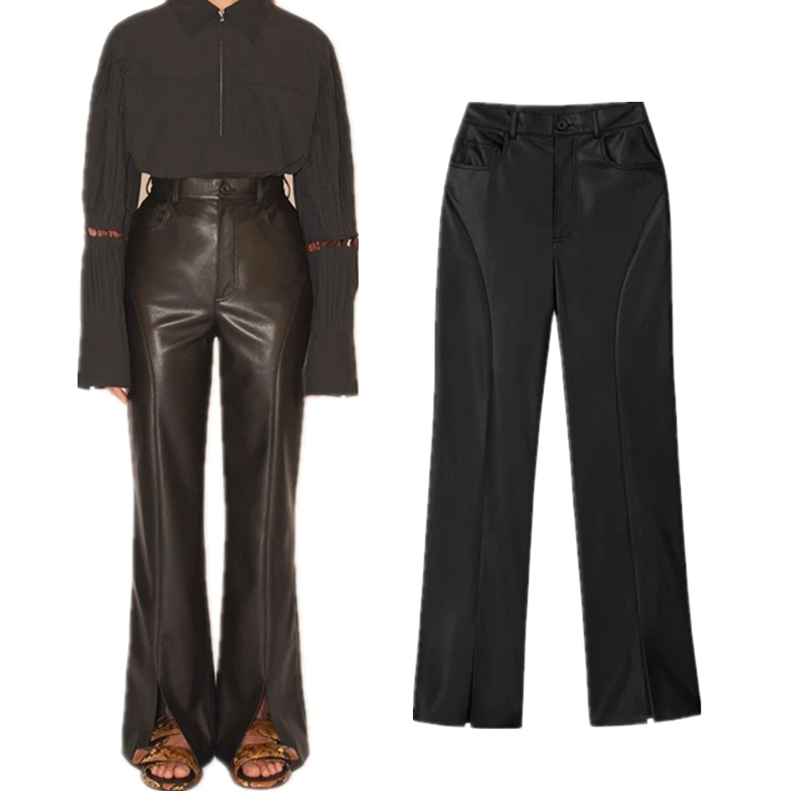 

Jenny&Dave Spring Summer Casual Loose Slit Straight Leather Pants High Quality Faux Leather Pants Retro High Waisted Pants Wom