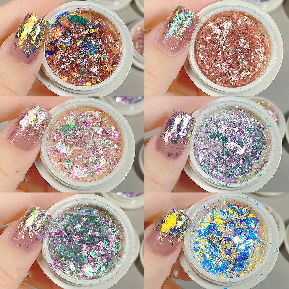 6Colors Blue Aurora Cloud Brocade Nail Sequins Powder Ultra Bright Opal Powder Nail Glitter Flakes Ice Crystal Chip Nail Decorat