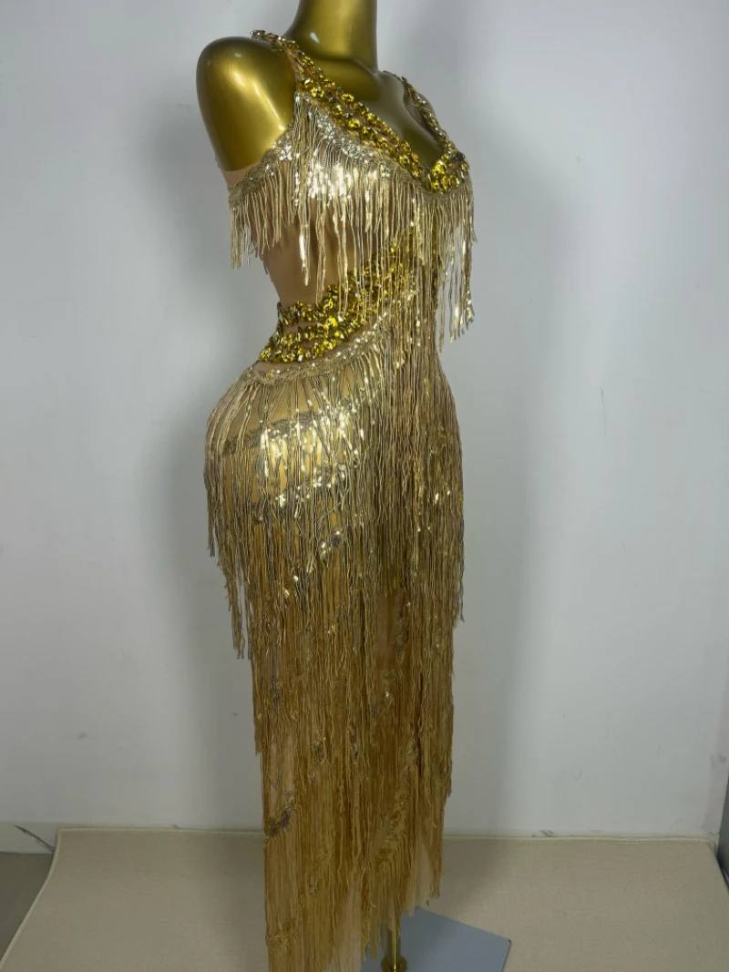 Shiny Gold Rhinestones Sequined Fringe Wide-leg jumpsuit Singer Stage Perform Costume  Women Sexy Night Party Club Outfit