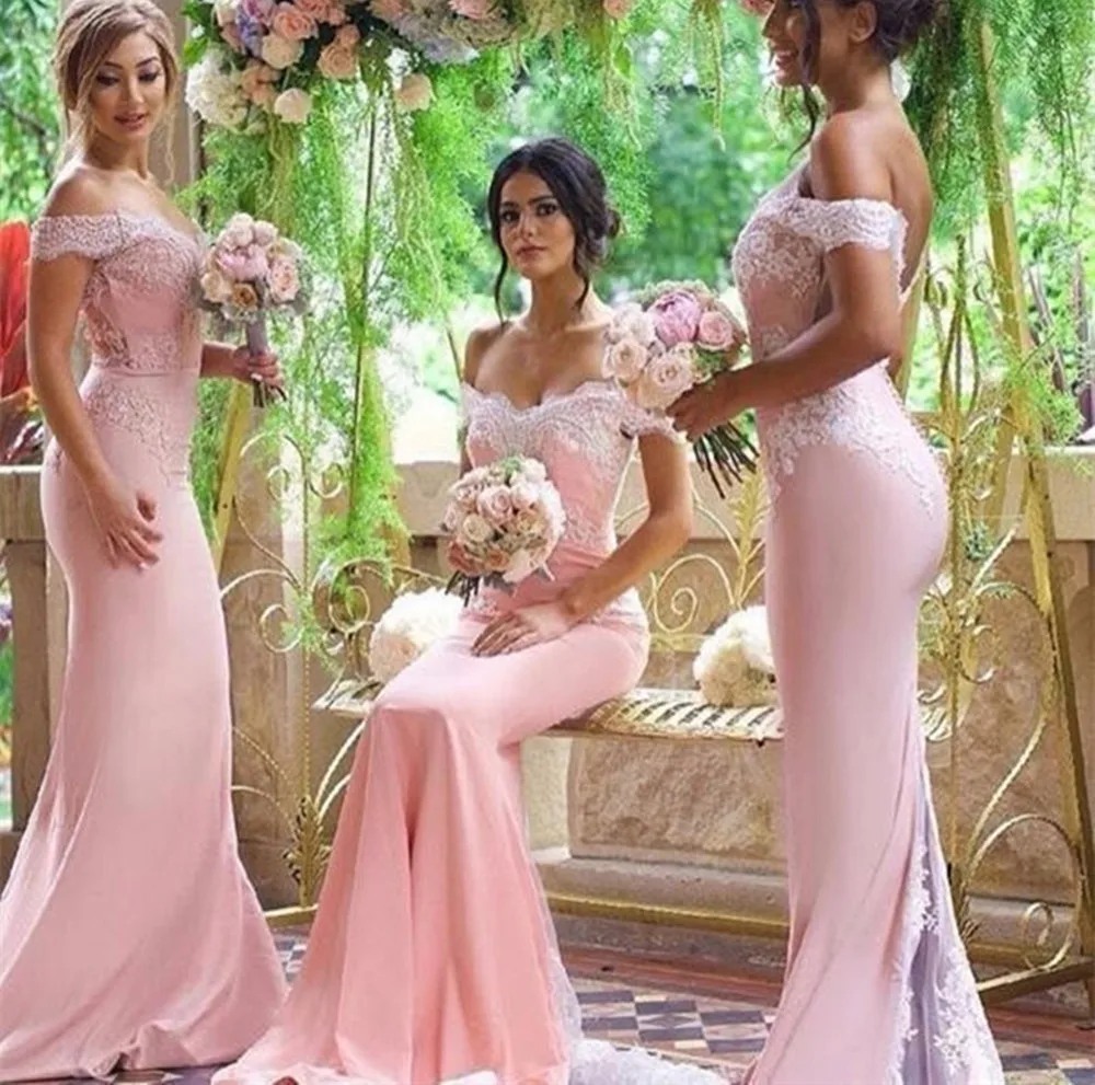 2022 Vkiss Pink Mermaid Bridesmaid Dress Off the Shoulder Lace Applique Party Gown Fashion Vestidos Para Bodas Mujer Invitada