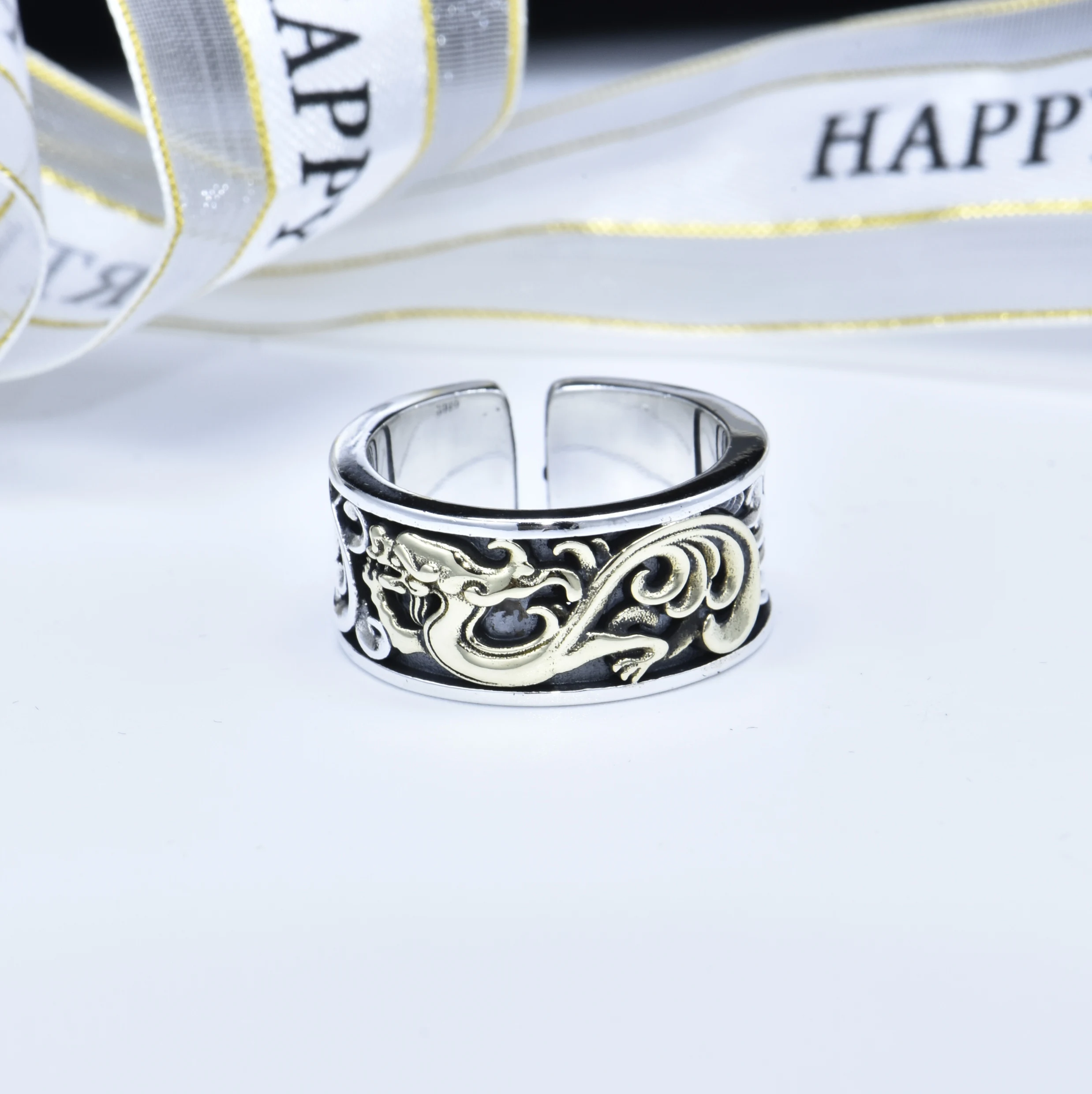 Ring men's fashion ins niche design open Tenglong ring index finger ring fashion personality all-match jewelry