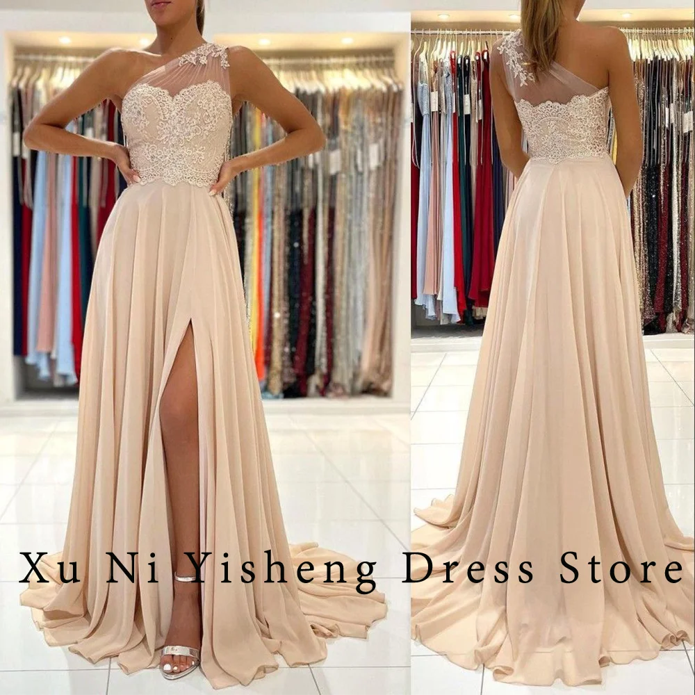 

2024 Bridesmaid Dresses Simple Champagne One Shoulder Sweetheart Chiffon Appliques Lace Side Split Long Maid of Honor Gowns Prom