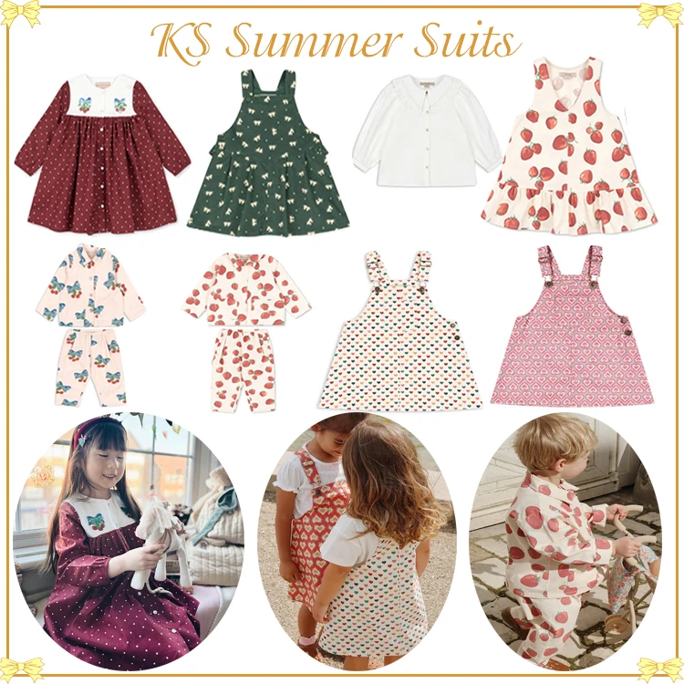 KS Girls Dress Summer Kids Tee Shorts Shirt Pants Set Cotton Clothes Cartoon Heart Printed Denim Overalls Corduroy Skirt Outwear