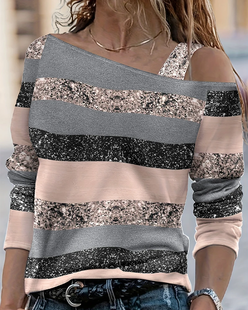 

Women's Period T-Shirt 2024 Summer Autumn Latest Casual Off Shoulder Striped Long Sleeve Top Elegant Wrapped Sleeve Pullover