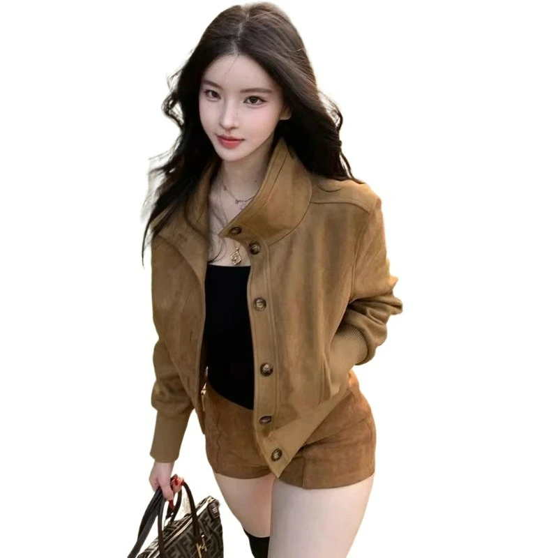 American Retro Maillard Coffee Short High-end Design Imitation Suede Jacket Women's Spring and Autumn New Short Coat Exquisite