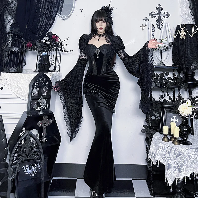 Goth Dark Asymmetrical Fringe Velvet Maxi Dress Women Outfits Mall Goth Ruched Sleeveless Dresses Bodycon Party Gown Halloween