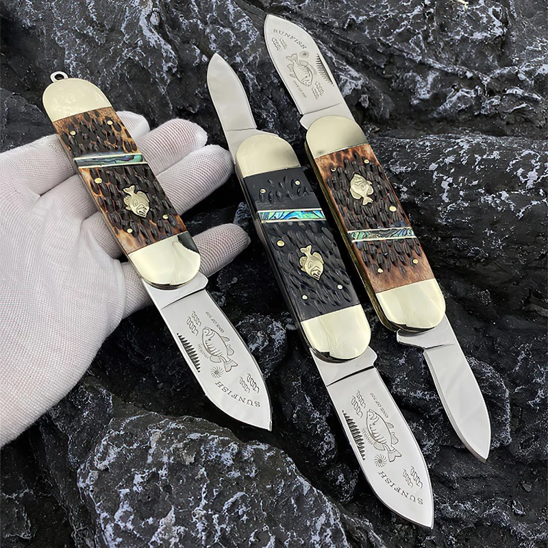 Sharp Beef Bone/Antler Handle Pocket Knife Damascus Steel/German Steel Folding Knife Outdoor Portable Pocket Knife Open Express