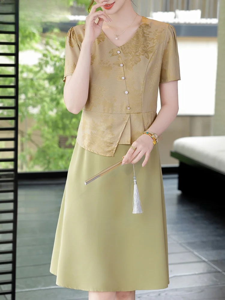 

Модная летняя новинка: китайская юбка миди в национальном стиле для мам, из шифона, свободного кроя, с застежкой-молнией, V-образный вырез