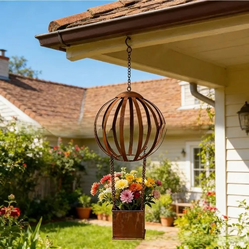 Removable Iron Hot Air Balloon Planter Retro Decoration Hanging Planter Creative Flower Pot Lawn