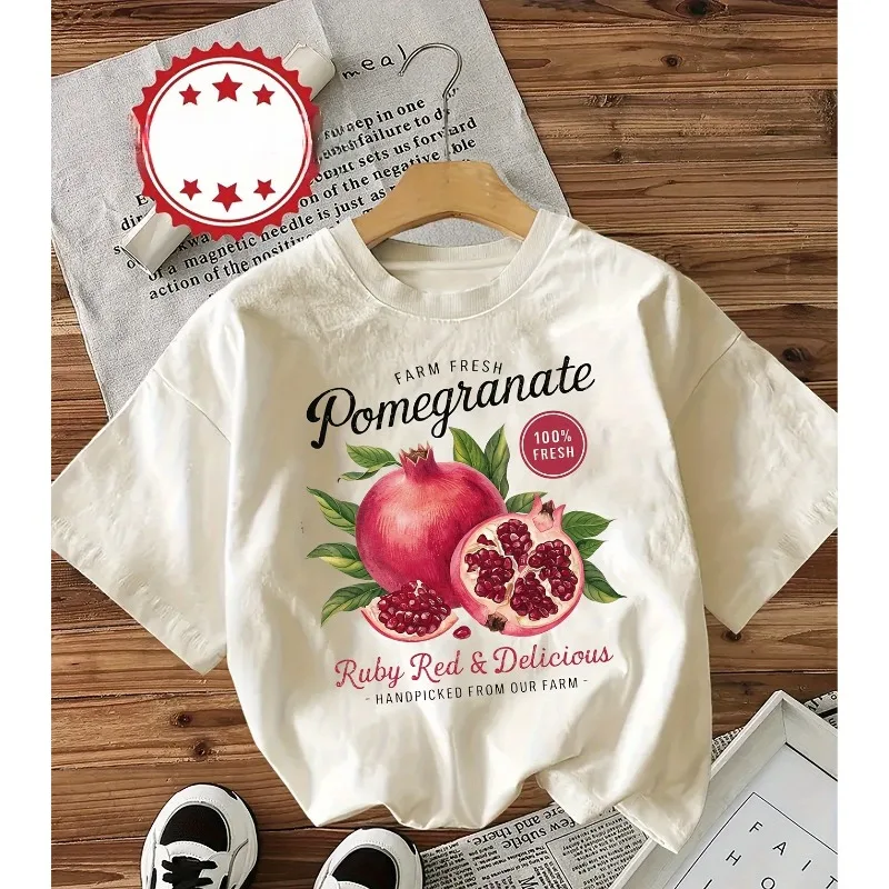 Men's and women's soft round neck white T-shirt, pomegranate and fresh farm fruit print, casual wear for spring, summer