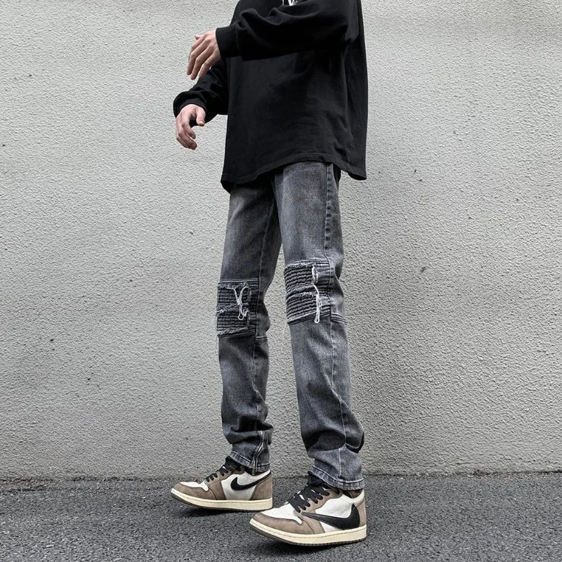 

Джинсы с карманами для мужчин, прямые джинсовые высококачественные корейские модные брюки, стильные мужские ковбойские брюки с широкими штанинами Xs 2025 г.