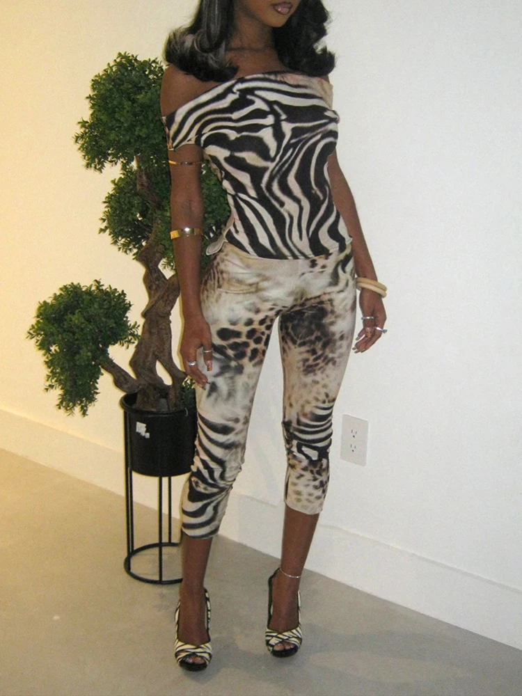 Macheda セクシーなファッション 2 点セット女性ヒョウ柄スラッシュネック背中の開いたトップ + スキニーピーチヒップパンツミッドナイトクラブパーティー衣装